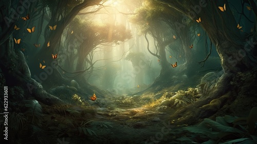 Photographie wide panoramic of fantasy forest with glowing butterflies in forest