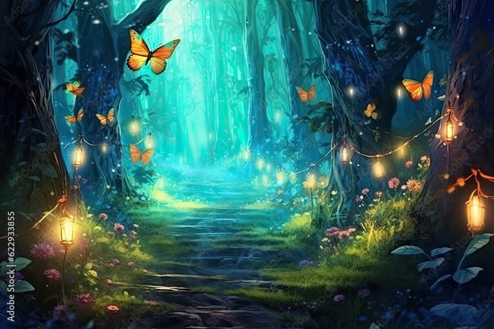 wide panoramic of fantasy forest with glowing butterflies in forest ...