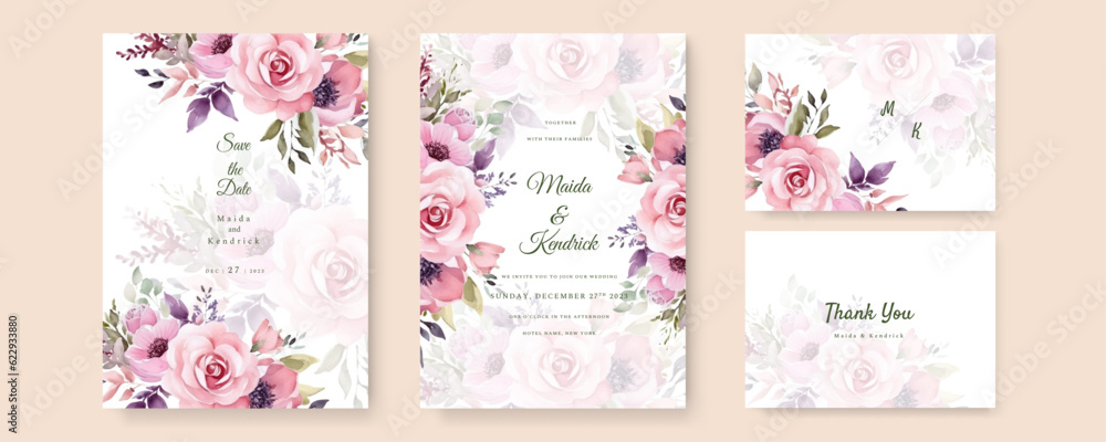Elegant watercolor wedding invitation card with flower and leaves
