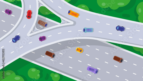 Top view of highway junction. Road interchange or highway intersection with busy urban traffic. vector illustration