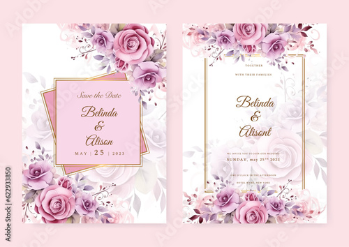 Wedding invitation in the botanical style. Pink flowers on a white background. Background for the invitation, shop, beauty salon, spa.