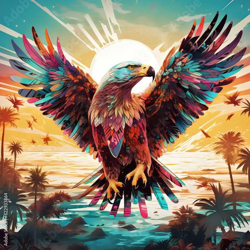 Dive into the captivating fusion of Aesthetic Glitch Art and Whimsical Fairy-Tale Illustrations featuring a soaring eagle © CoffeeeCraze