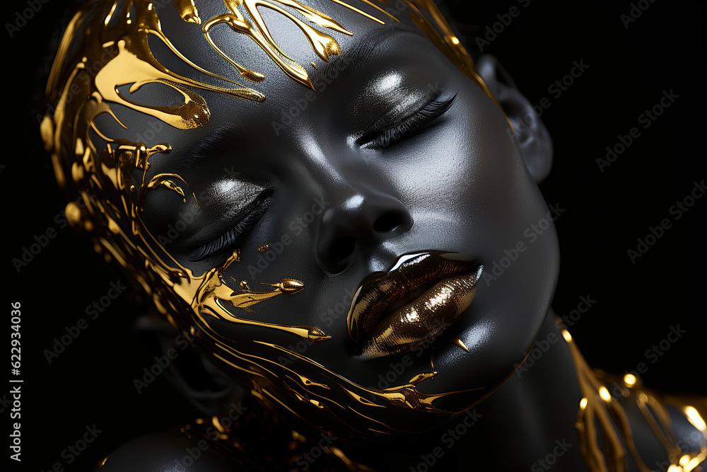 Beauty woman painted in black gold skin color body, gold makeup, lips