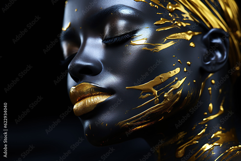 Beauty woman painted in black gold skin color body, gold makeup, lips