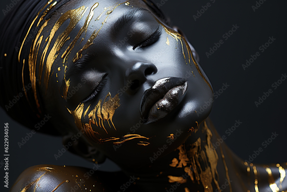 Beauty woman painted in black gold skin color body, gold makeup, lips