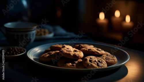 Homemade chocolate chip cookies on rustic table generated by AI