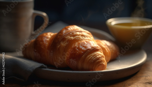 Fresh French pastries and coffee on rustic table generated by AI