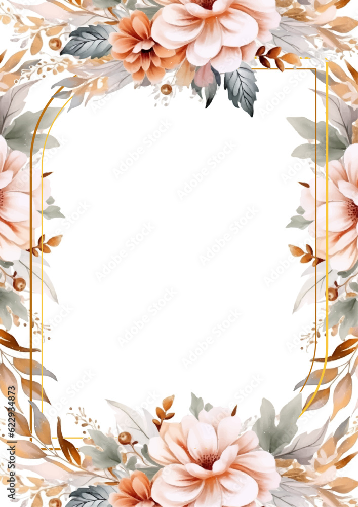 Floral border with pink flowers ang foliage, can be used as invitation card for wedding, birthday and other holiday and summer background. Botanical art. Watercolor Floral border with pink flowers ang foliage, can be used as invitation card for wedding, birthday and other holiday and summer background. Botanical art. Watercolor
