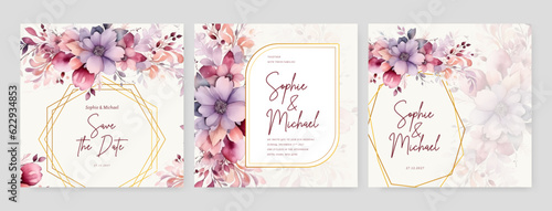 Summer Flower watercolor Wedding Invitation set, floral invite thank you, modern card Design leaf greenery branches with blue background decorative Vector elegant rustic template