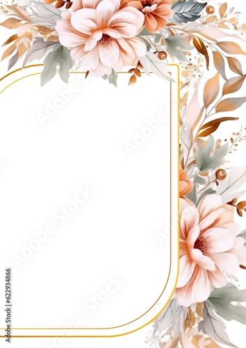 Floral border with pink flowers ang foliage, can be used as invitation card for wedding, birthday and other holiday and summer background. Botanical art. Watercolor