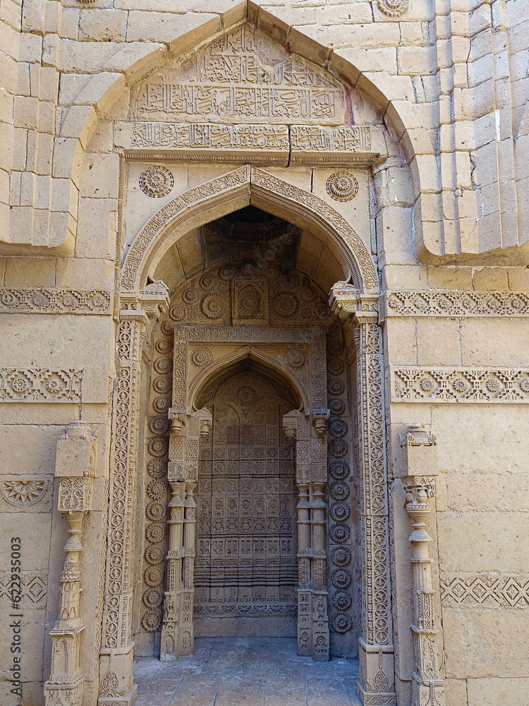 Makli Hill Necropolis UNESCO World Heritage Site Picturesque View of a Mausoleum of Isa Khan Tarkhan II on a Sunny Blue Sky Day