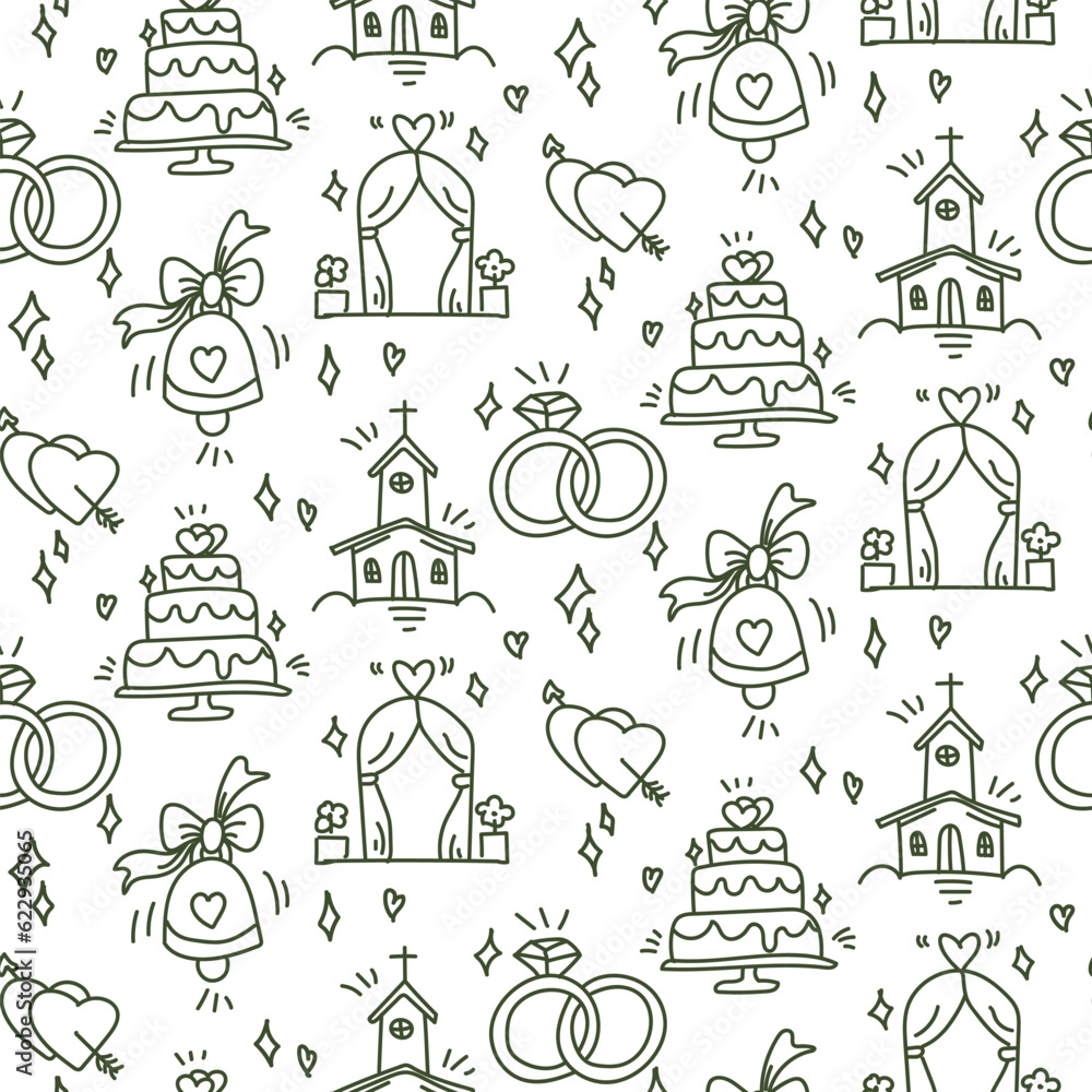 Wedding background. Seamless pattern with wedding items for timing guests. Wedding symbols. Cartoon hand-made wedding symbols on a white background. Contour icons, dark outline. Printing on paper