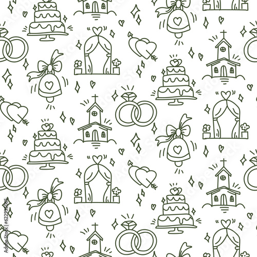 Wedding background. Seamless pattern with wedding items for timing guests. Wedding symbols. Cartoon hand-made wedding symbols on a white background. Contour icons, dark outline. Printing on paper