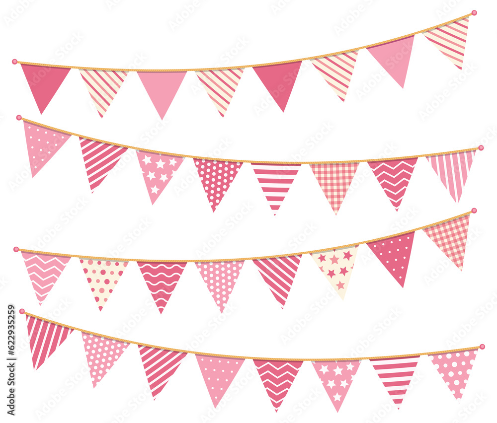 Pink bunting, design elements for decoration of greetings cards, invitations etc
