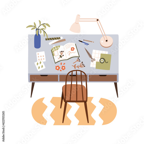 Scrapbooking tools and supplies on table. Chair at cozy desk with DIY accessories, papers, scraps, plants, tapes and lamp. Creative craft, hobby. Flat vector illustration isolated on white background