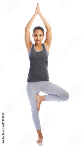 Happy woman, portrait and yoga in meditation for zen workout isolated on a transparent PNG background. Female person or yogi in balance for spiritual wellness, mind and body training or exercise