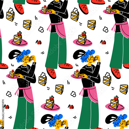 A pattern with a young abstract Italian chef admiring a cake. Modern bright style. The character stands for the juicy design of the menu of a pastry shop, cafe, restaurant. Packaging