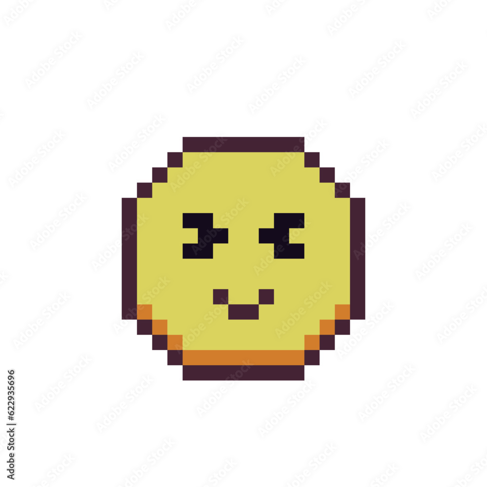 Smiling emoticon with closed eyes, pixel art icon, cute face, smile cartoon character. 8-bit flat style. Isolated abstract colorful vector illustration. Smiling emoticon with closed eyes, pixel art icon, cute face, smile cartoon character. 8-bit flat style. Isolated abstract colorful vector illustration.