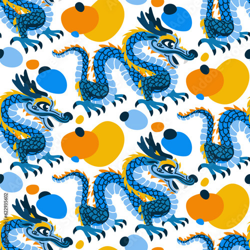 Vector seamless pattern with blue Chinese dragons with spots. Hand-drawn. Abstract art print. Wallpaper, fabric design, fabric, napkin, textile design template, background. Mythological. Year Dragon