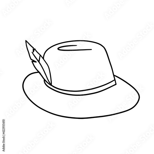 Beer fest hat icon with feather. Outline vector illustration isolated on white background.