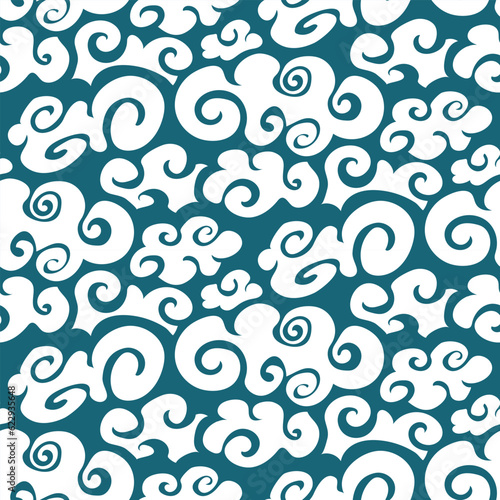 A pattern of white clouds in Chinese style on a blue background. Cartoon background, abstract illustration with imitation of Chinese style. Children's background. Printing on textiles and paper