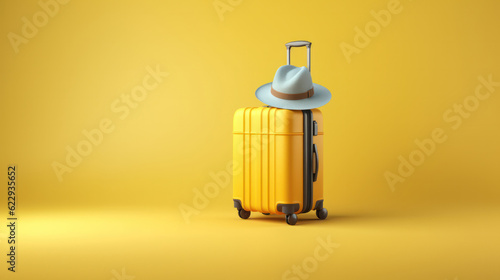 Yellow travel suitcase with straw hat, on light yellow background. Trip concept.