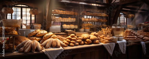 Old cozy bakery with assortment of bread. panorama photo