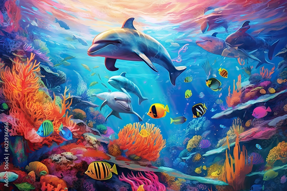 dolphins with group of colorful fish and sea animals natural - obrazy, fototapety, plakaty 