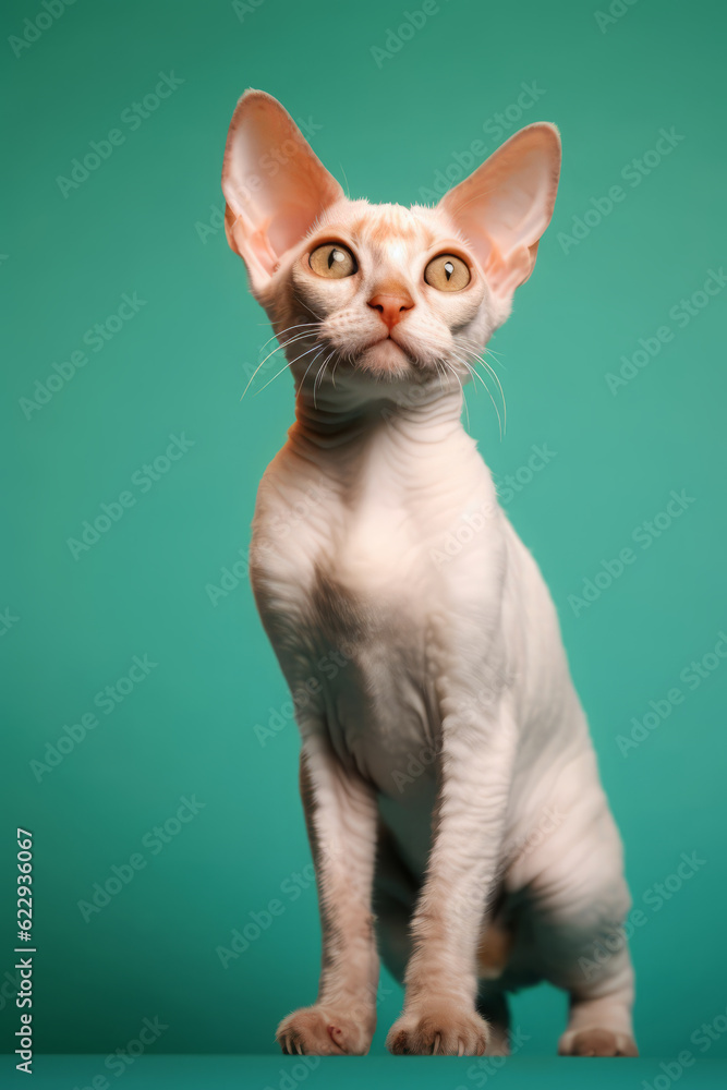 Very cute Devon Rex in nature, national geography, Wide life animals. AI Generated.