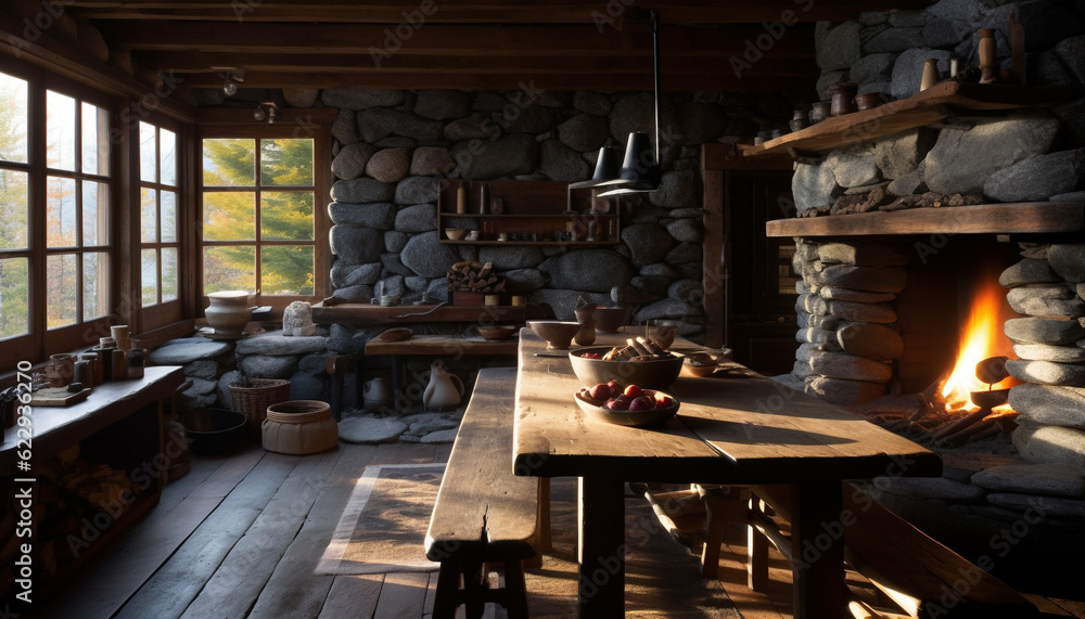 Rustic pottery warms modern home with firewood generated by AI Rustic pottery warms modern home with firewood generated by AI