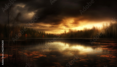 Tranquil scene of autumn forest by pond generated by AI