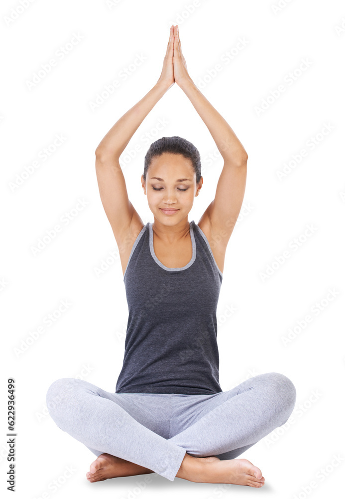 Happy woman, yoga and relax in meditation for spiritual wellness isolated on a transparent PNG background. Calm female person yogi relaxing in namaste pose for meditating, zen workout or body fitness Happy woman, yoga and relax in meditation for spiritual wellness isolated on a transparent PNG background. Calm female person yogi relaxing in namaste pose for meditating, zen workout or body fitness