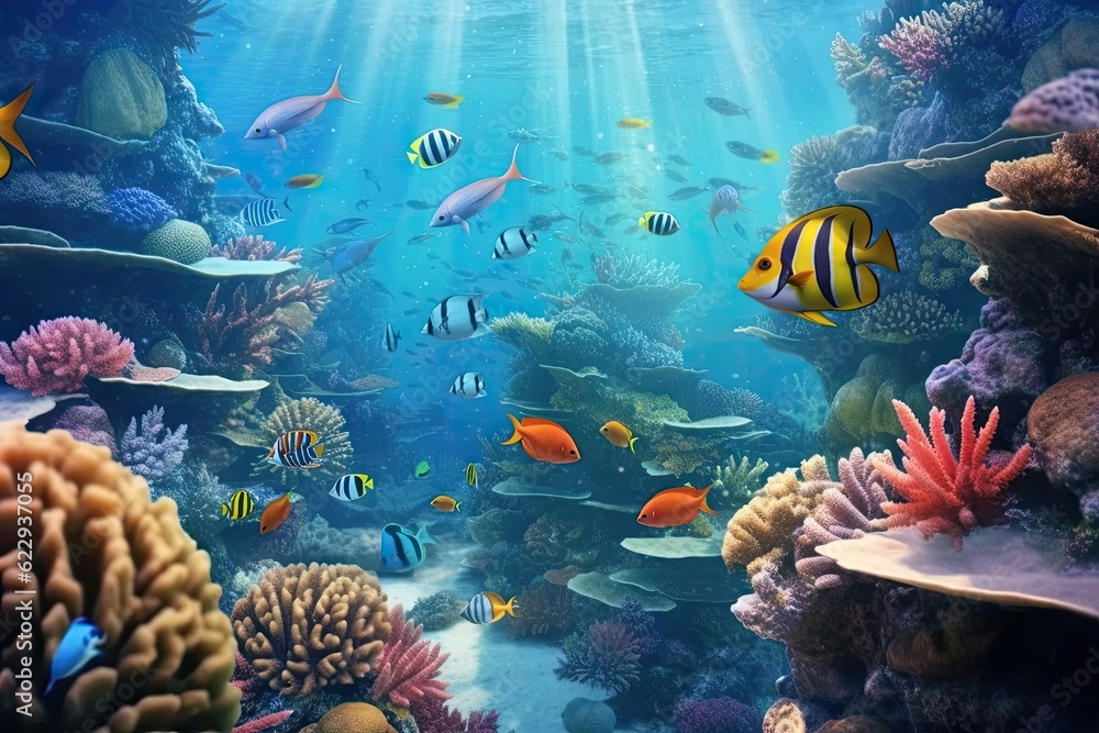 fish with group of colorful fish and animals around sea - generate AI ...