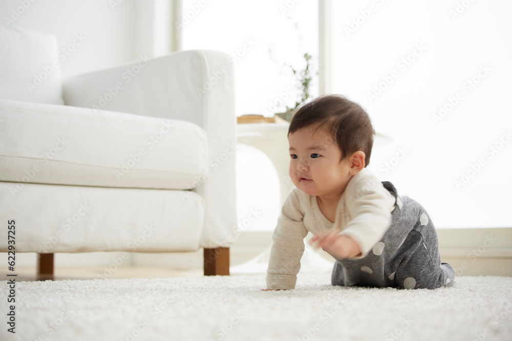 白で統一した部屋ではいはいをする赤ちゃん 白で統一した部屋ではいはいをする赤ちゃん