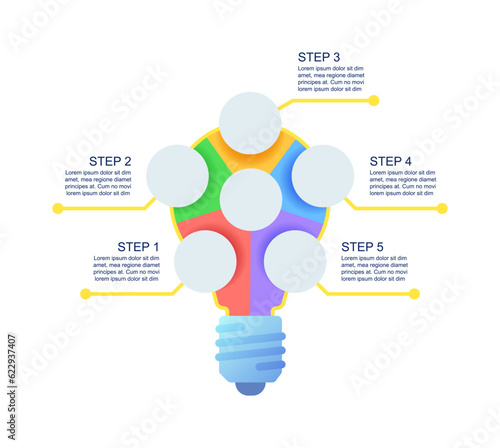 Brainstorming ideas infographic chart design template. Abstract infochart with copy space. Instructional graphics with 5 step sequence. Visual data presentation. Montserrat Medium, Regular fonts used