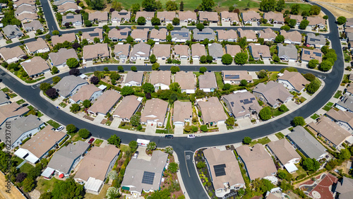 Top down drone view of residential housing in a community in California