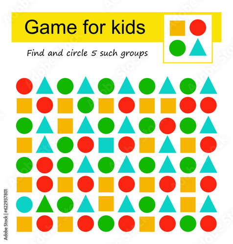 A game for kids. Find the group of geometric shapes shown in the sample and circle it.