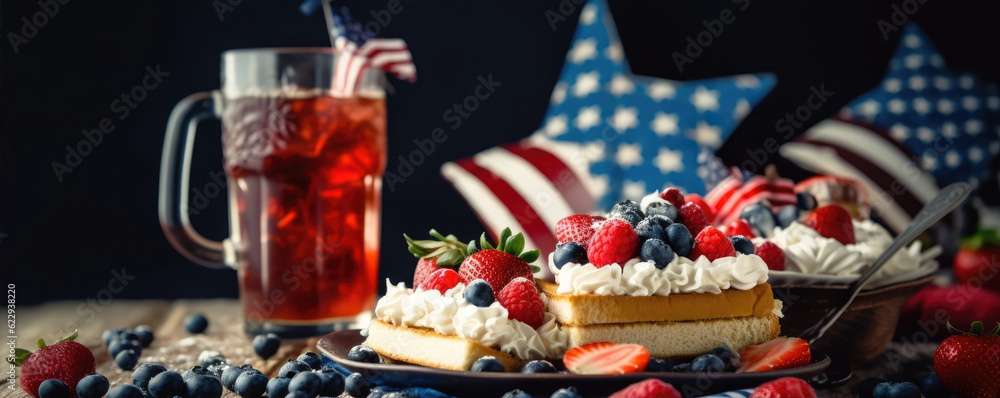 Independance day cake. or celebration cakes with blue and red usa colors. wide banner. Independance day cake. or celebration cakes with blue and red usa colors. wide banner.