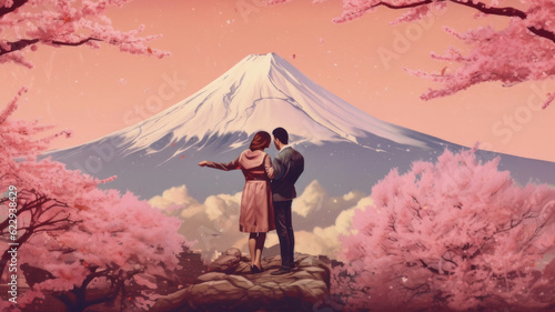 japanese couple in front of mount fuji