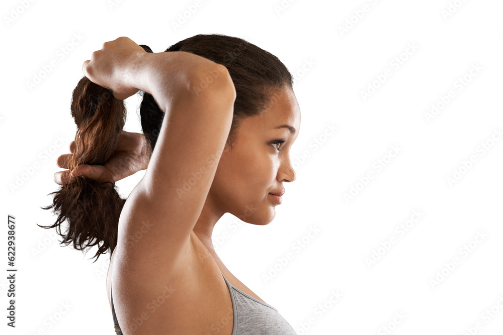 Sports, start and woman tie hair on isolated, png and transparent background for wellness. Fitness, healthy body and face profile of female person with hairstyle for exercise, training or workout Sports, start and woman tie hair on isolated, png and transparent background for wellness. Fitness, healthy body and face profile of female person with hairstyle for exercise, training or workout