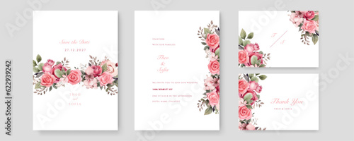 Gold Wedding Invitation, save the date, thank you, rsvp card Design template. Vector. winter flower, Rose, silver dollar, olive leaves, Wax flower, Anemone.