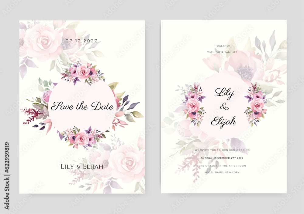 Vector floral wedding invitation template set with pink and peach watercolor roses and leaves decoration.