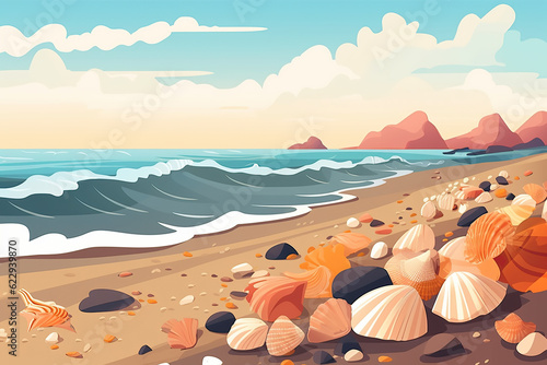 Beautiful sand beach with a starfishes and seashells, flat vector concept background, created with Generative AI