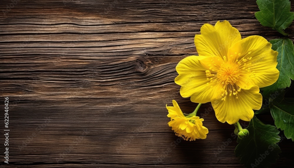 Obraz premium Yellow flowers on old wooden background. Top view with copy space.