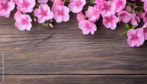 Pink cherry blossoms on wooden background. Copy space for text.