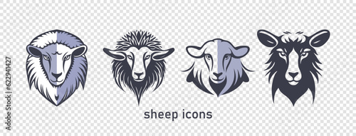 Vector set of animal heads icons. Sheep of different breeds. Domesticated farm animals. Isolated background.