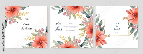Wedding invitations in boho style. Save the Date. Vector beautiful watercolor plants, leaves and flowers for elegant modern greeting cards, congratulations in muted colors