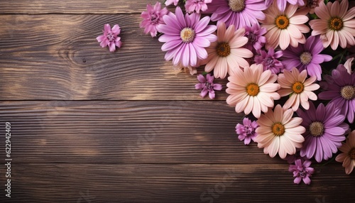 Bouquet of pink daisies on a wooden background. © Meow Creations