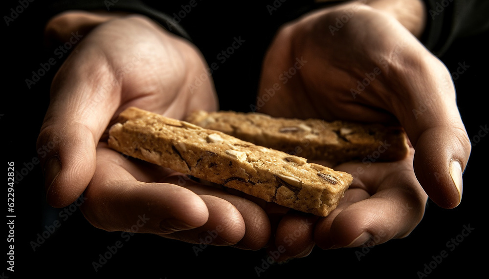 Fototapeta premium Caucasian hand holding homemade chocolate chip cookie, tempting indulgence generated by AI