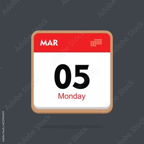 monday 05 march icon with black background, calender icon